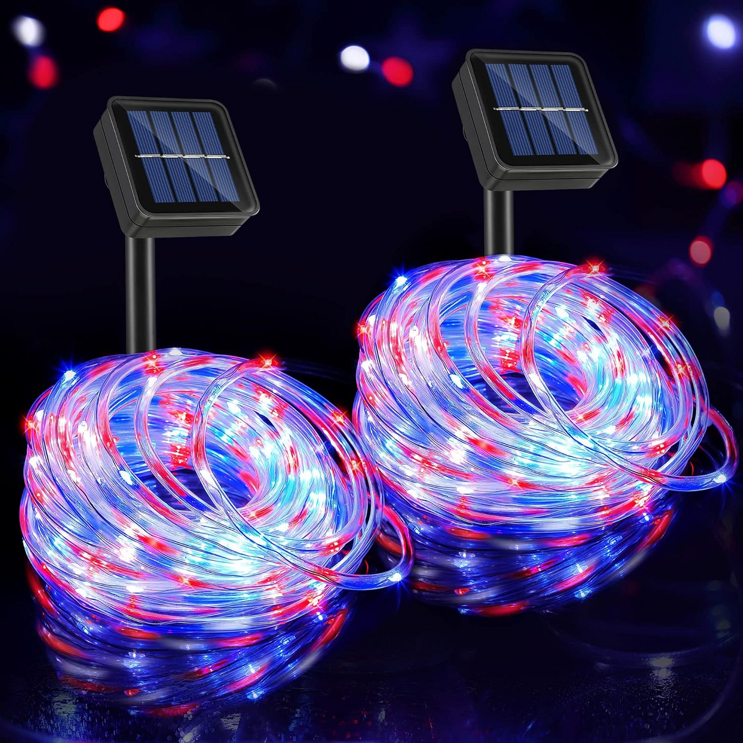 Decorations Outdoor Solar String Lights, 33ft 100 LED Rope Lights, Solar Powered Waterproof Lighting LED Lights for Halloween Garden Patio Yard Holiday Party (Red Blue White, 2 Pack)