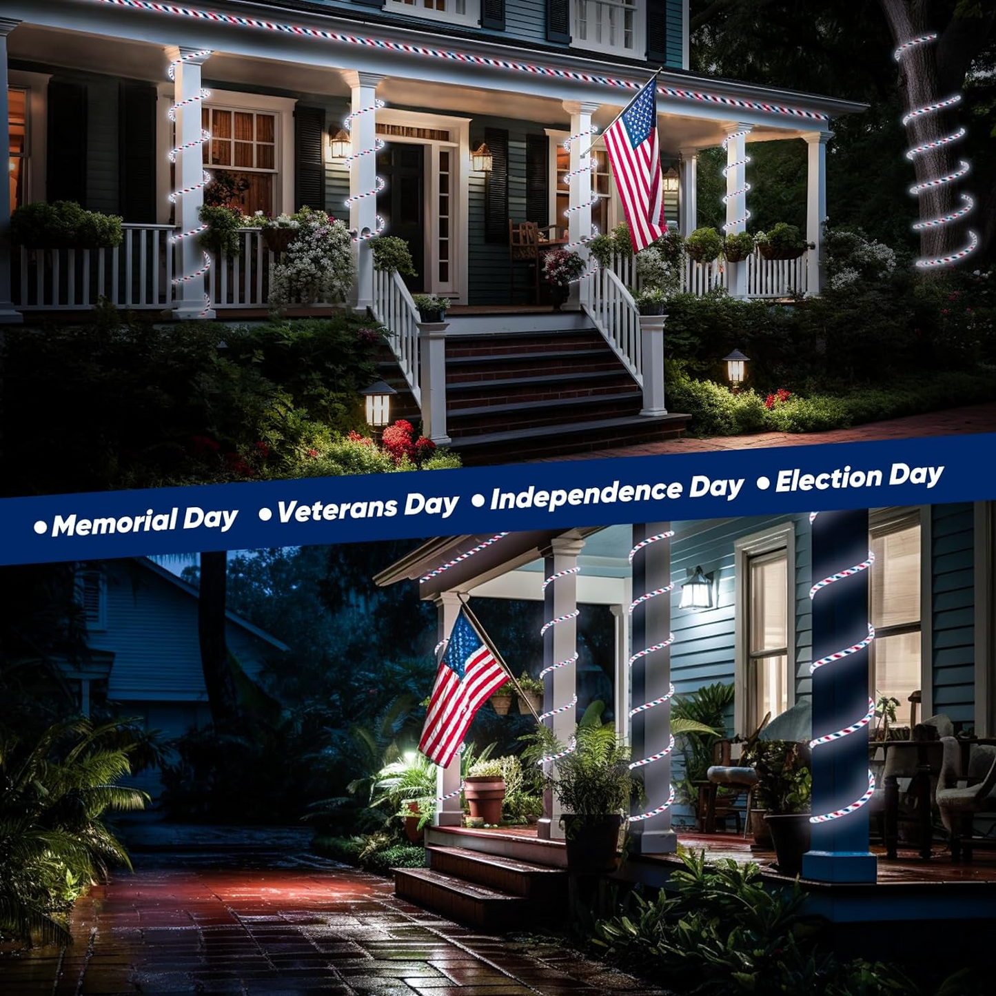 Outdoor Patriotic Rope Light, Independence Day 4th of July LED Rope Lighting Red Blue US Flag Color Splice 10m/32.8FT, end to end