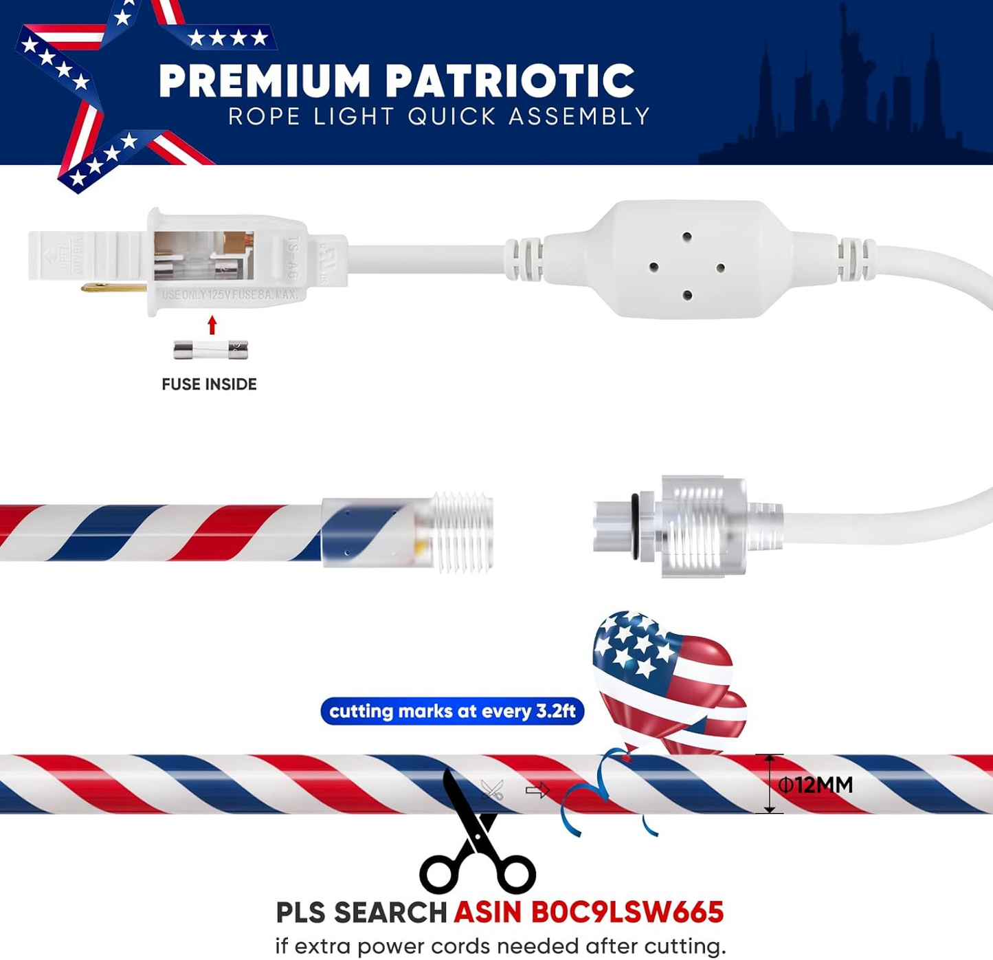 Outdoor Patriotic Rope Light, Independence Day 4th of July LED Rope Lighting Red Blue US Flag Color Splice 10m/32.8FT, end to end