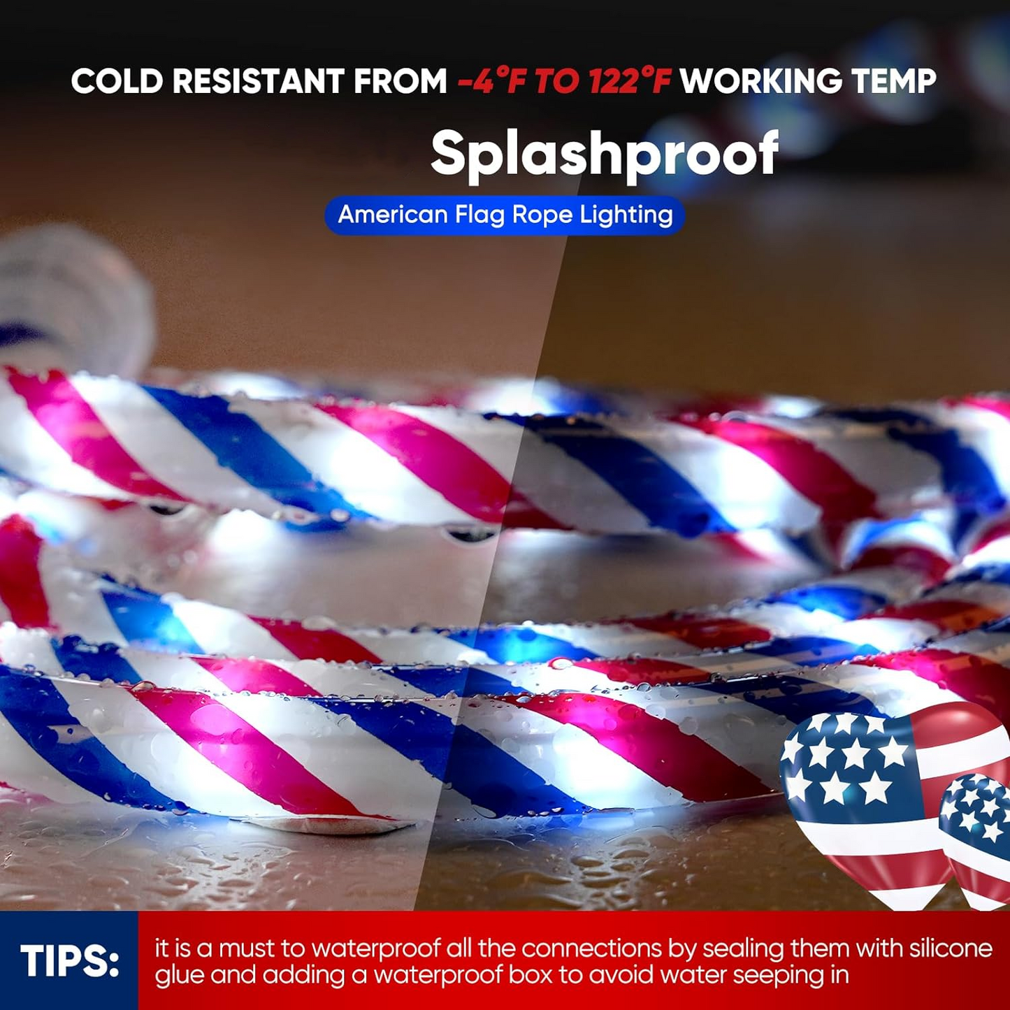 Outdoor Patriotic Rope Light, Independence Day 4th of July LED Rope Lighting Red Blue US Flag Color Splice 10m/32.8FT, end to end