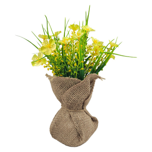 Spring burlap-wrapped artificial begonia potted plants